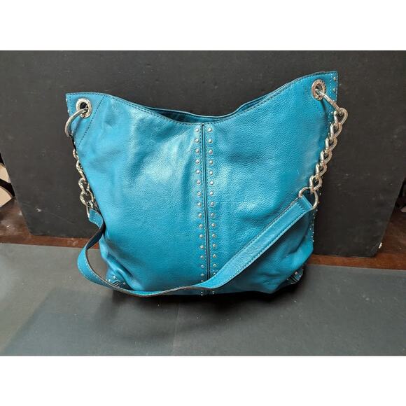 Michael Kors bucket boho Purse bag Chain Handle Strap leather Teal PreOwned - Picture 1 of 9